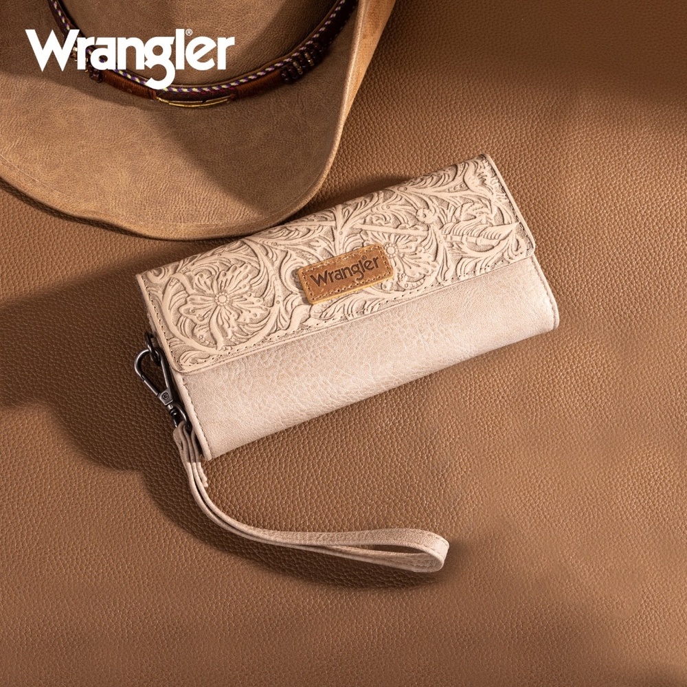 Wrangler Western Floral Tooled Tri-fold RFID Wallet/Wristlet Tan